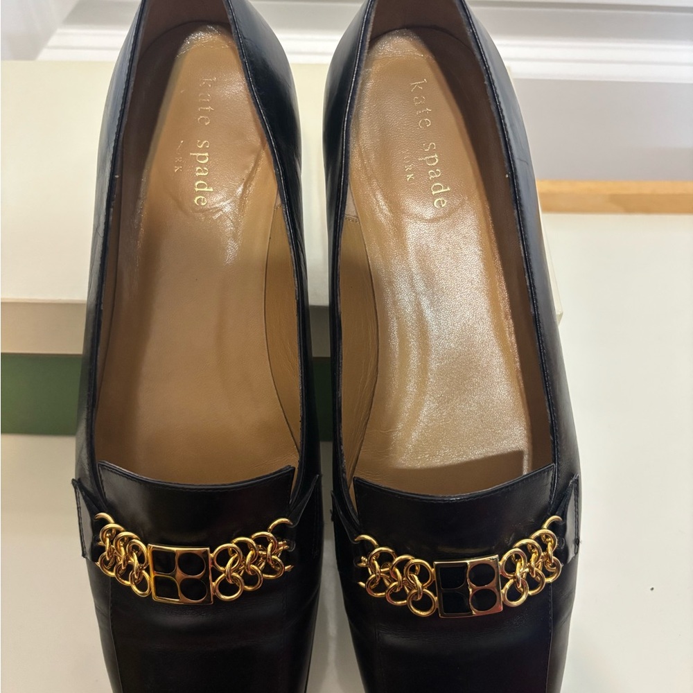 kate spade Courtney Black Leather Loafers with Gold Chain Accent - Picture 11 of 11